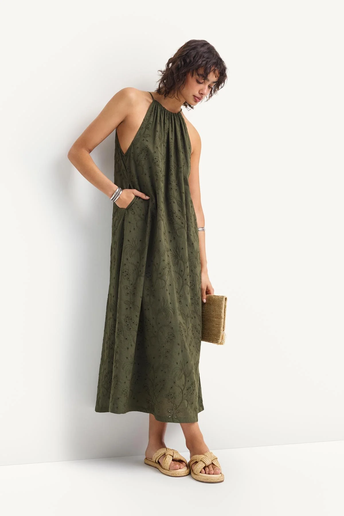 Alora High Neck Dress - Olive Tropical Eyelet - Image 2