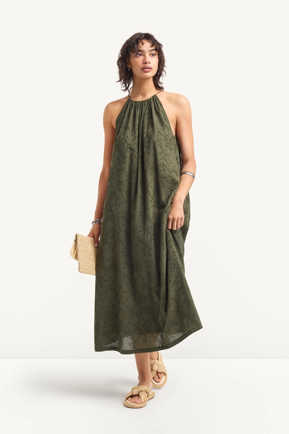 Alora High Neck Dress - Olive Tropical Eyelet - Image 3