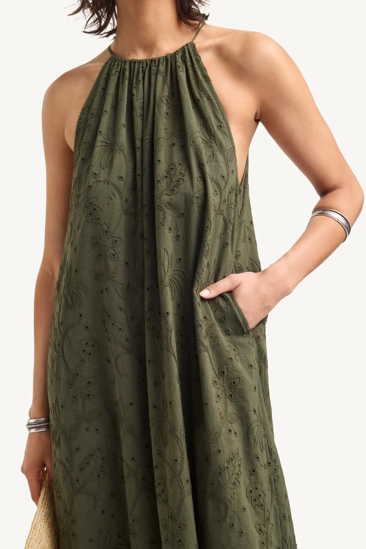 Alora High Neck Dress - Olive Tropical Eyelet - Image 4