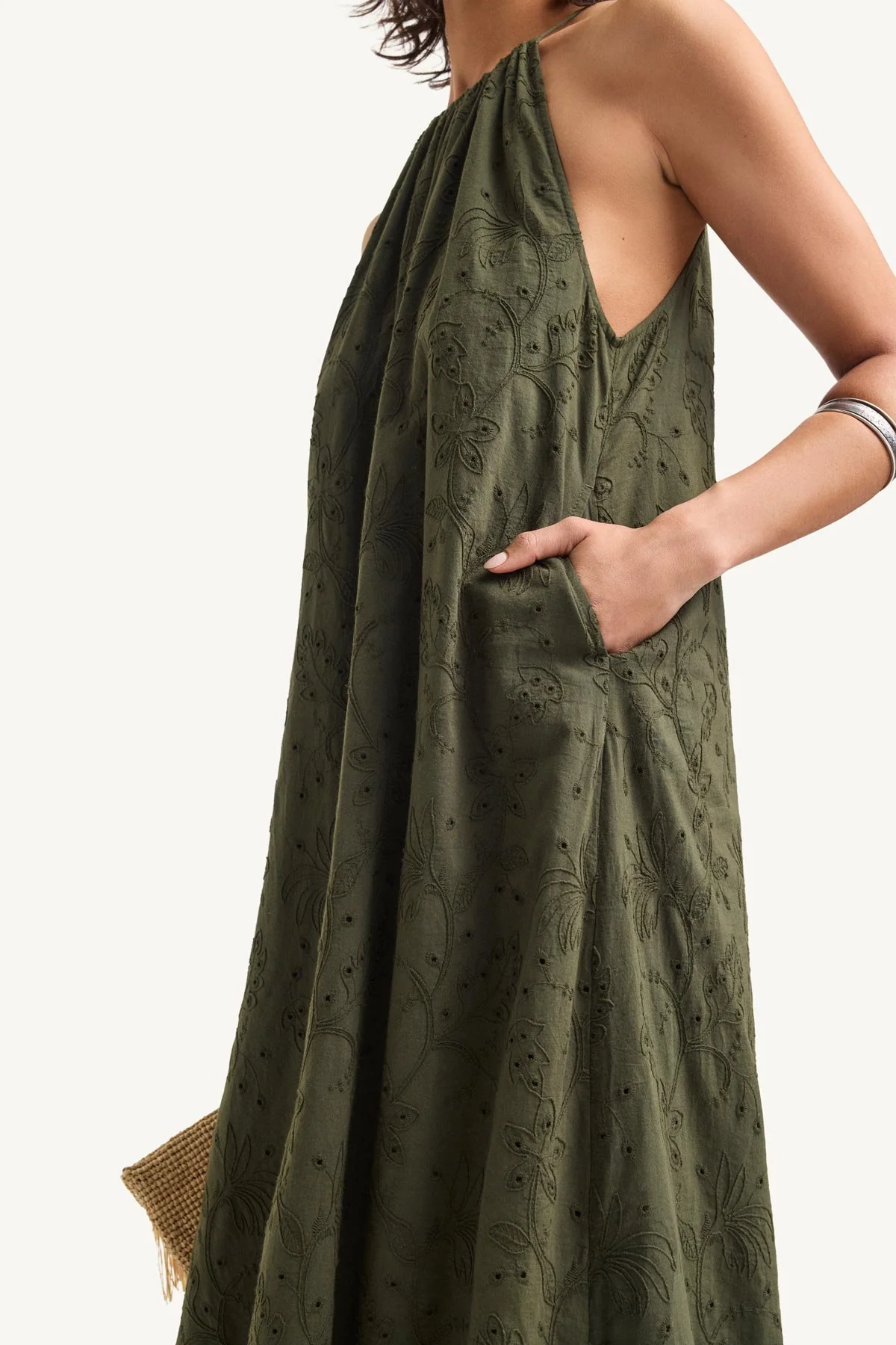 Alora High Neck Dress - Olive Tropical Eyelet - Image 5
