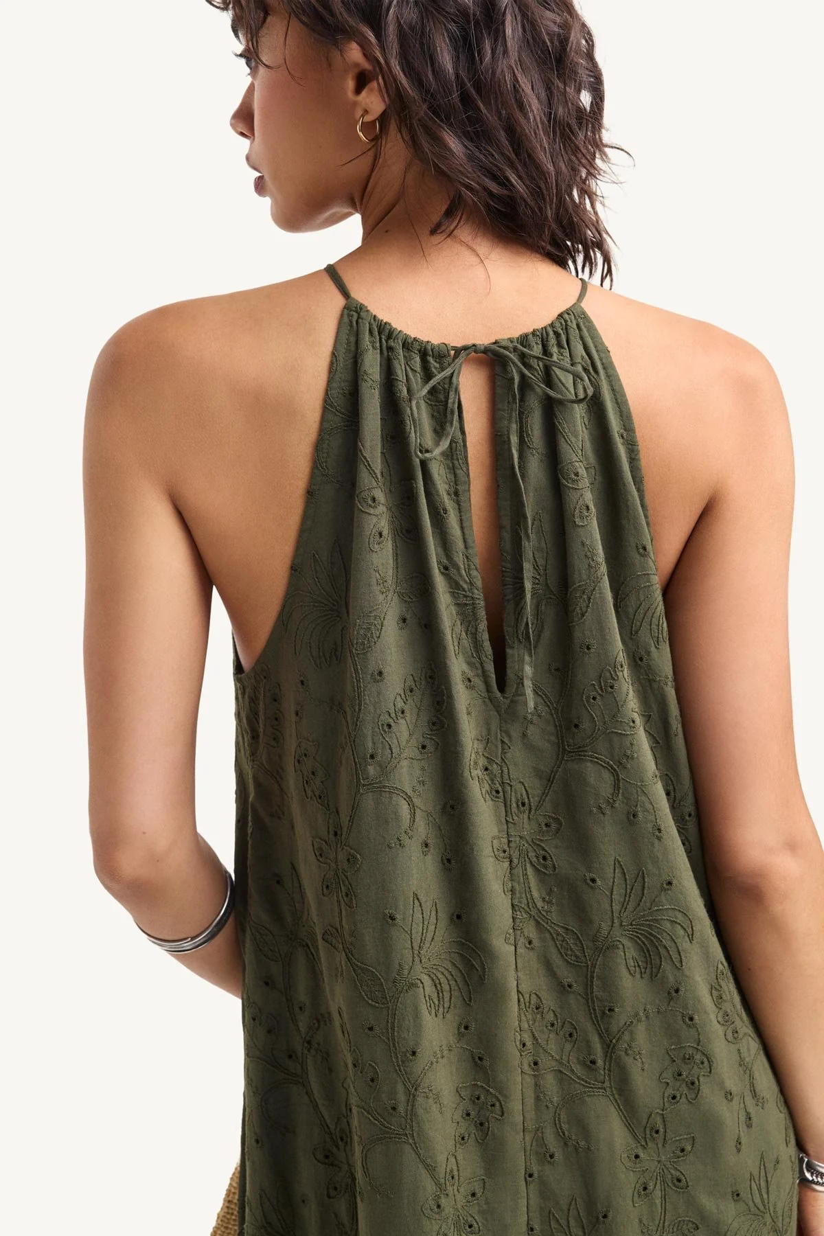 Alora High Neck Dress - Olive Tropical Eyelet - Image 6