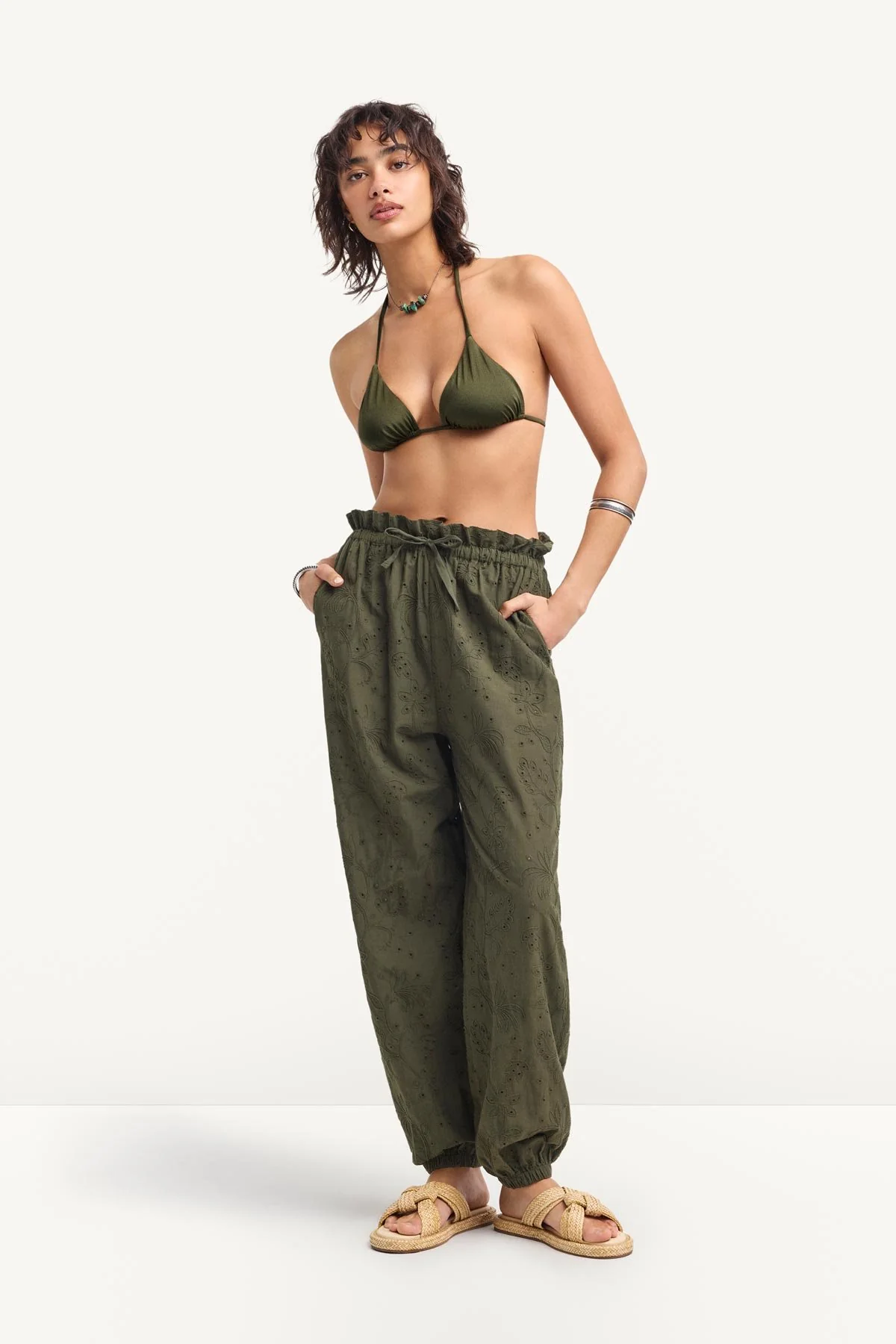 Faye Pant - Olive Tropical Eyelet