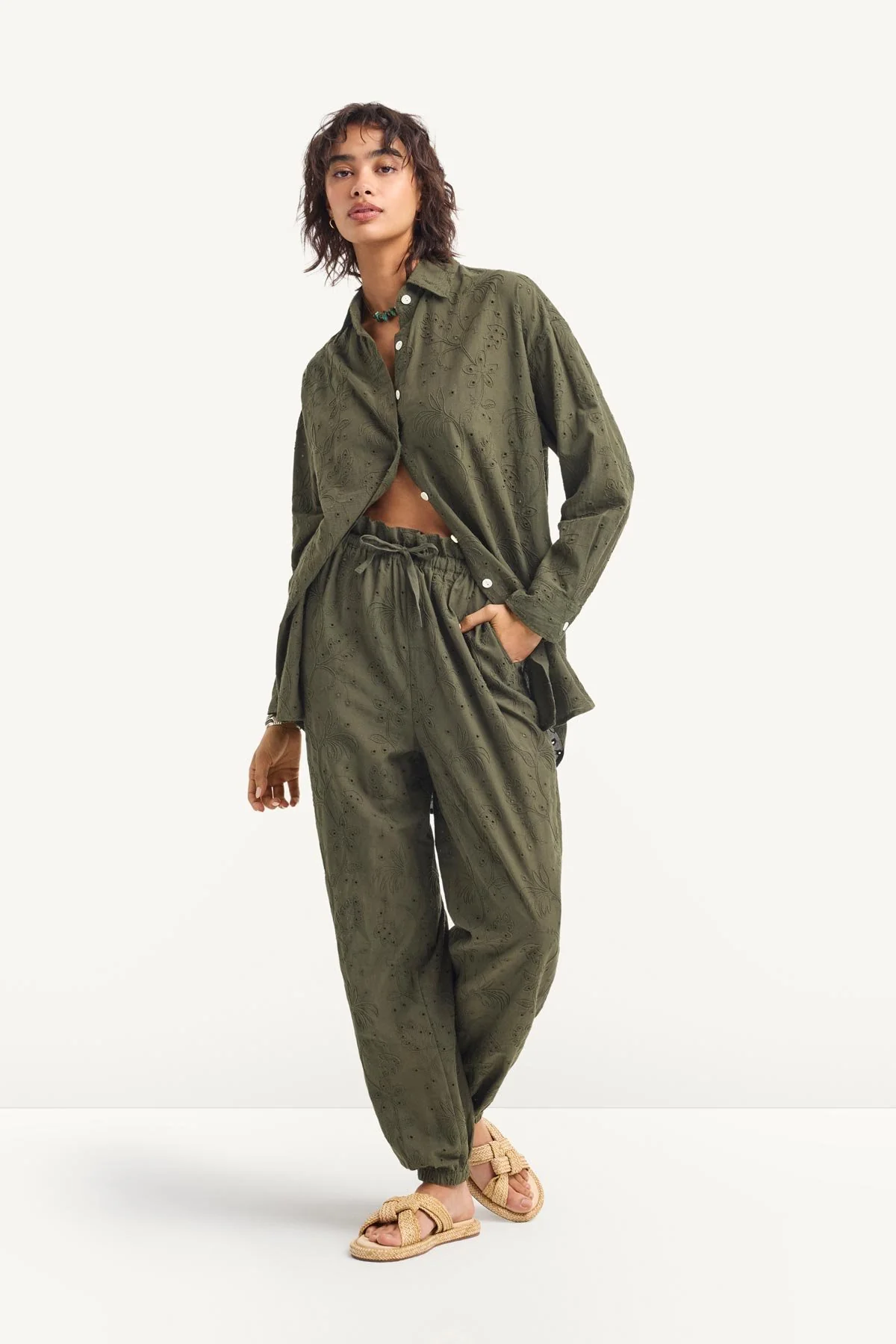Faye Pant - Olive Tropical Eyelet - Image 3