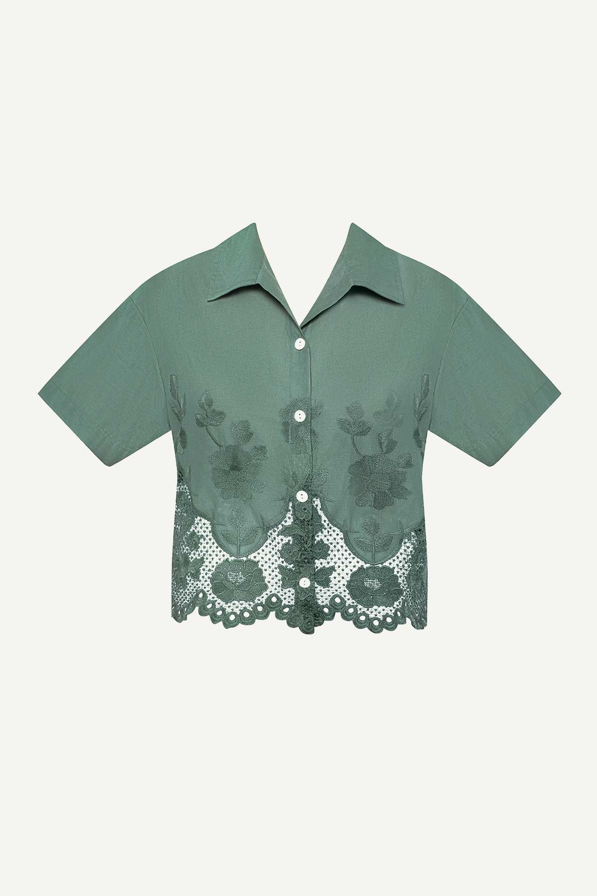 Flora Cropped Shirt - Sea Green Beachside Broderie - Image 4