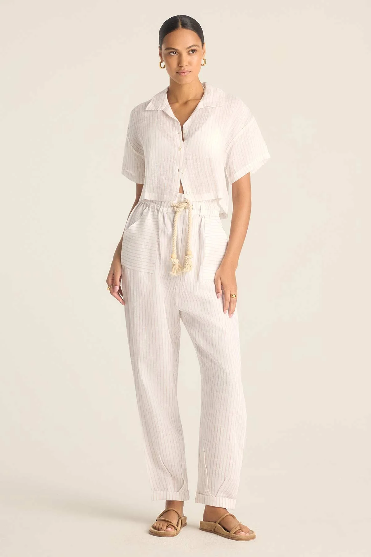 Hana Cropped Shirt - Boardwalk Stripe EcoLinen - Image 2