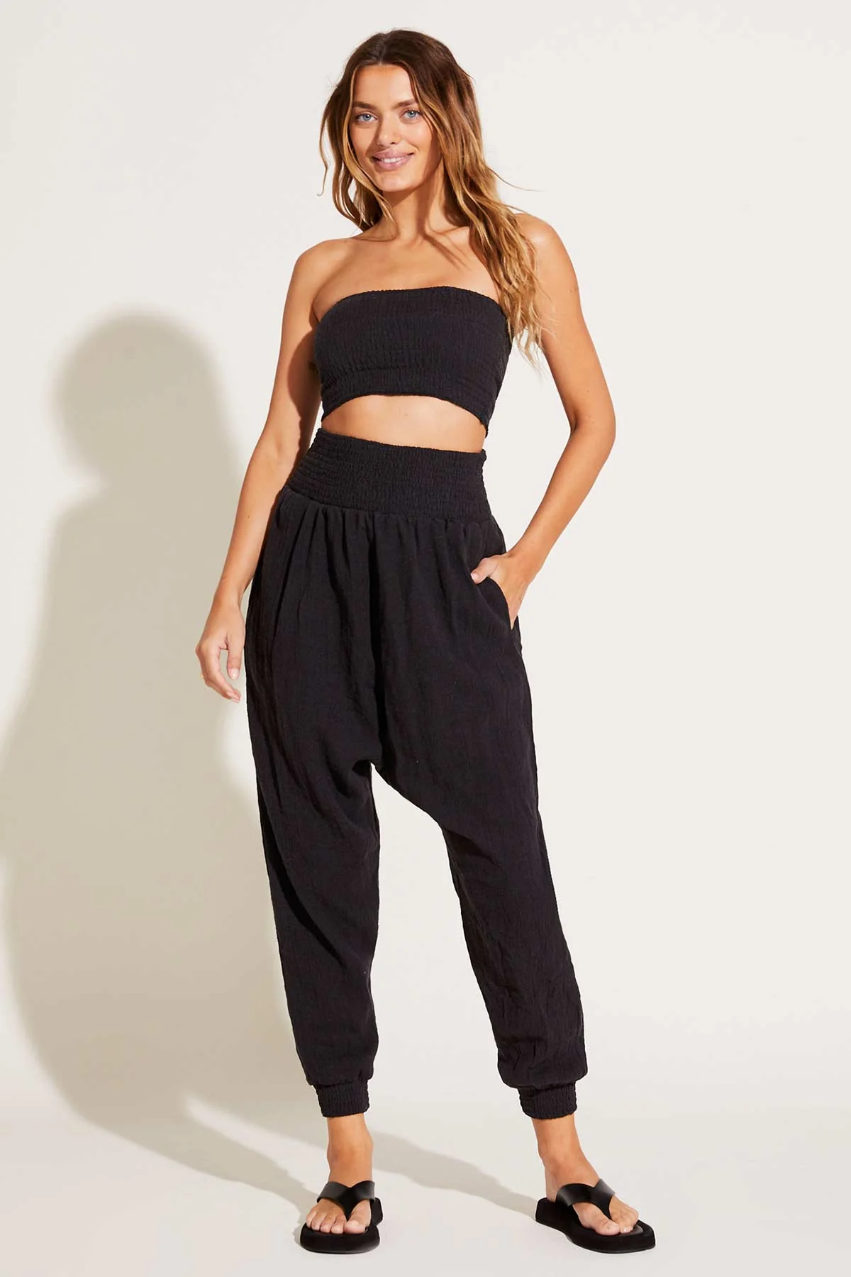 Nya Smocked Bandeau Top - Black Crinkle Linen - Image 4