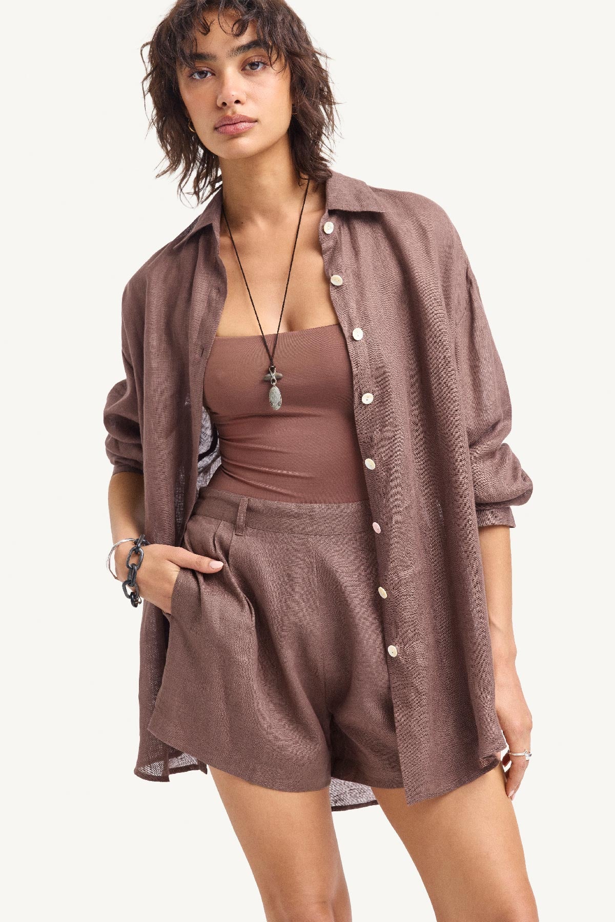 Playa Linen Boyfriend Shirt - Mocha EcoLinen - Image 3