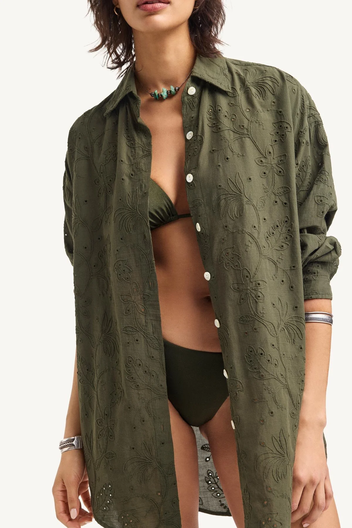 Playa Boyfriend Shirt - Olive Tropical Eyelet - Image 2