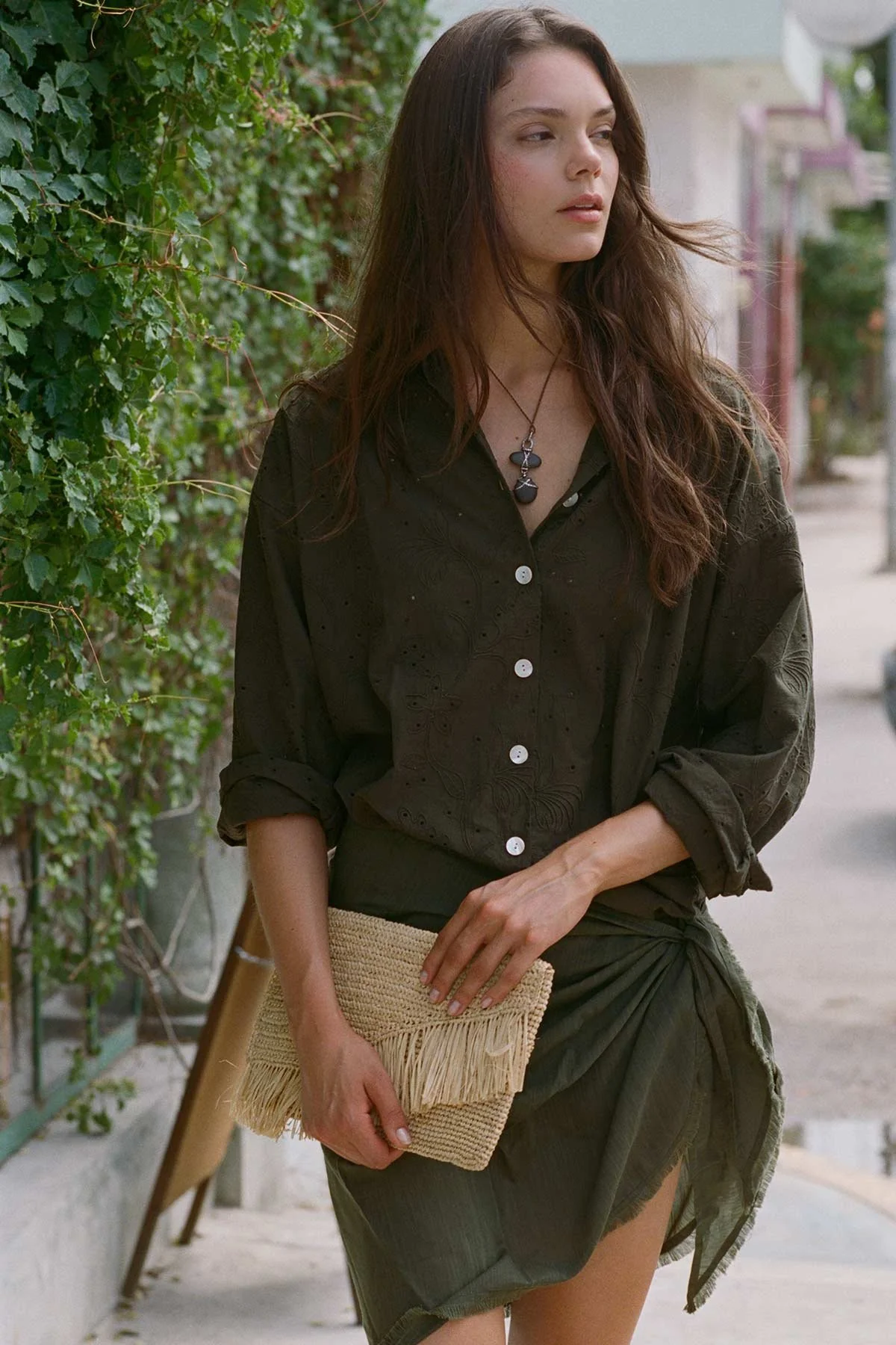Playa Boyfriend Shirt - Olive Tropical Eyelet - Image 7