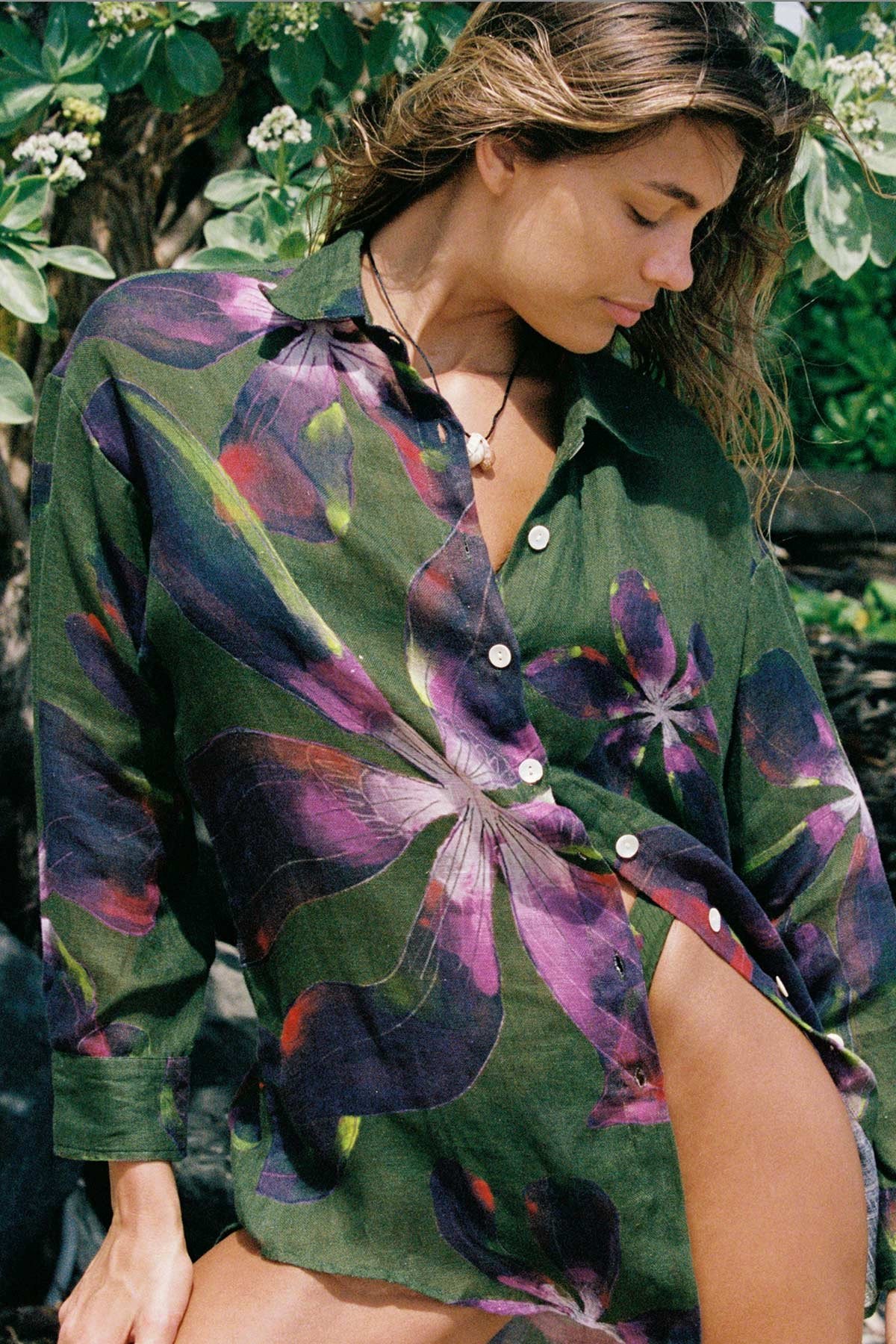 Playa Linen Boyfriend Shirt - Watercolor Orchid Ecolinen