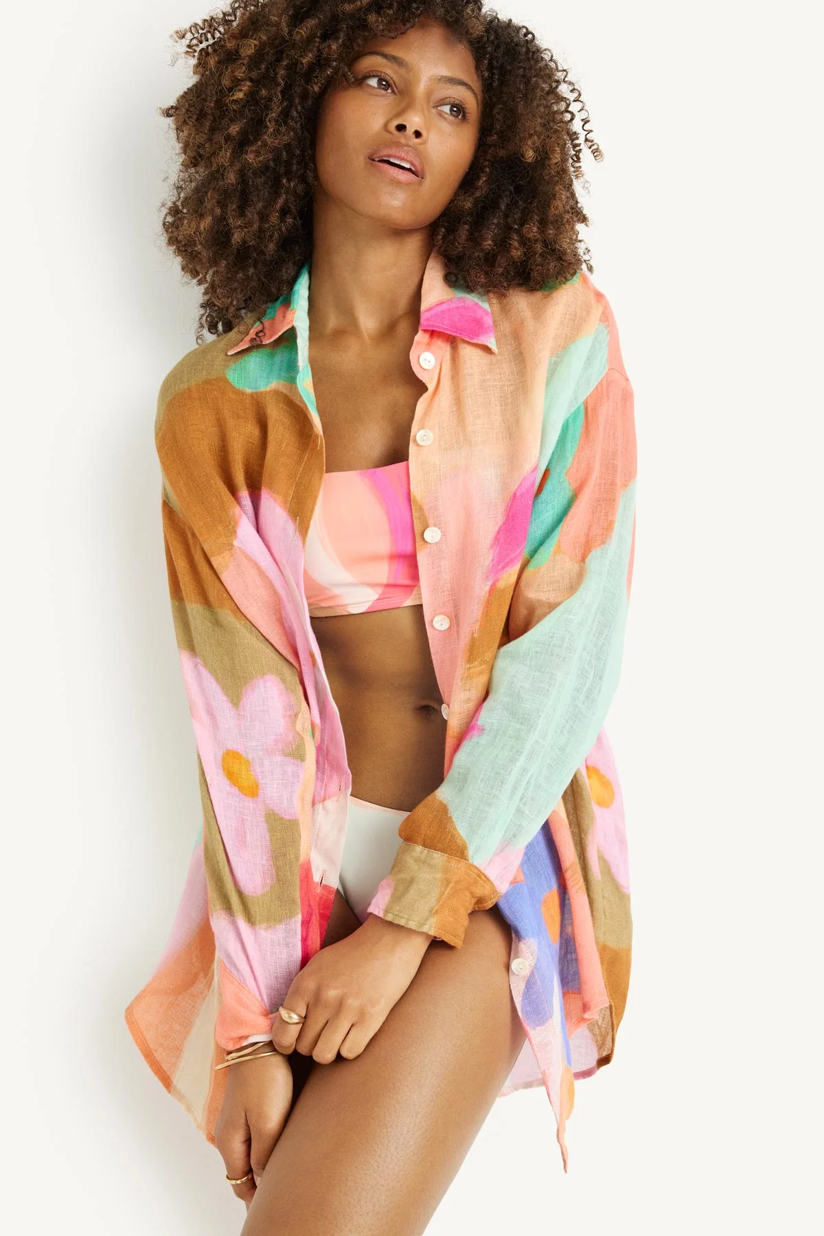 Playa Linen Boyfriend Shirt - In Bloom Colorblock EcoLinen - Image 2
