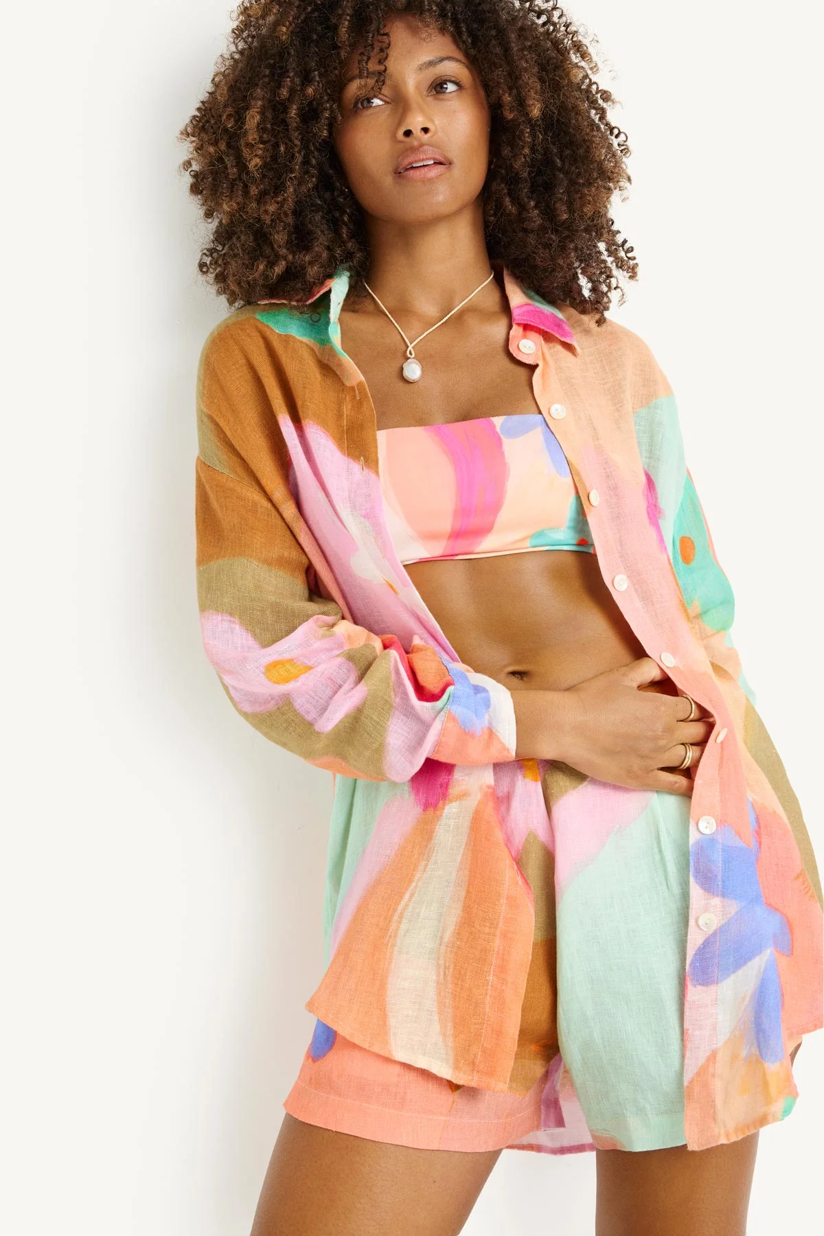 Playa Linen Boyfriend Shirt - In Bloom Colorblock EcoLinen - Image 3